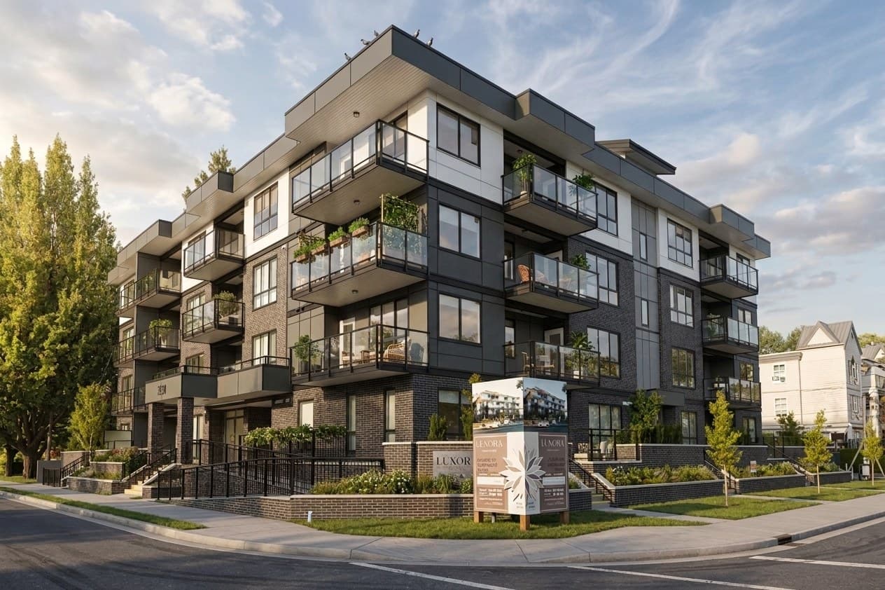 Luxora exterior rendering, corner of Shaughnessy Street and Welcher Avenue, Port Coquitlam